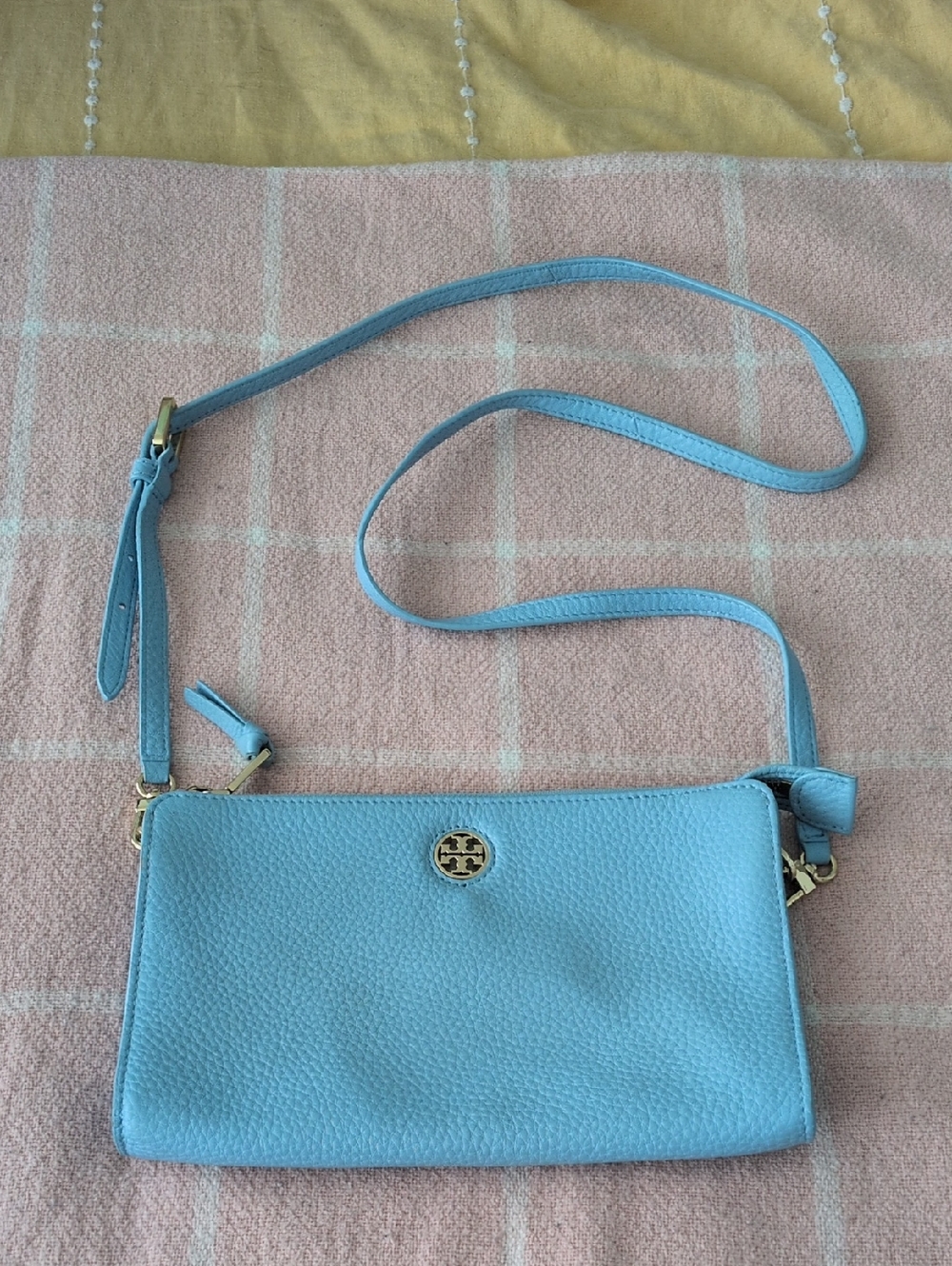 Tory Burch Light Blue Pebbled Leather Crossbody with Gold Logo